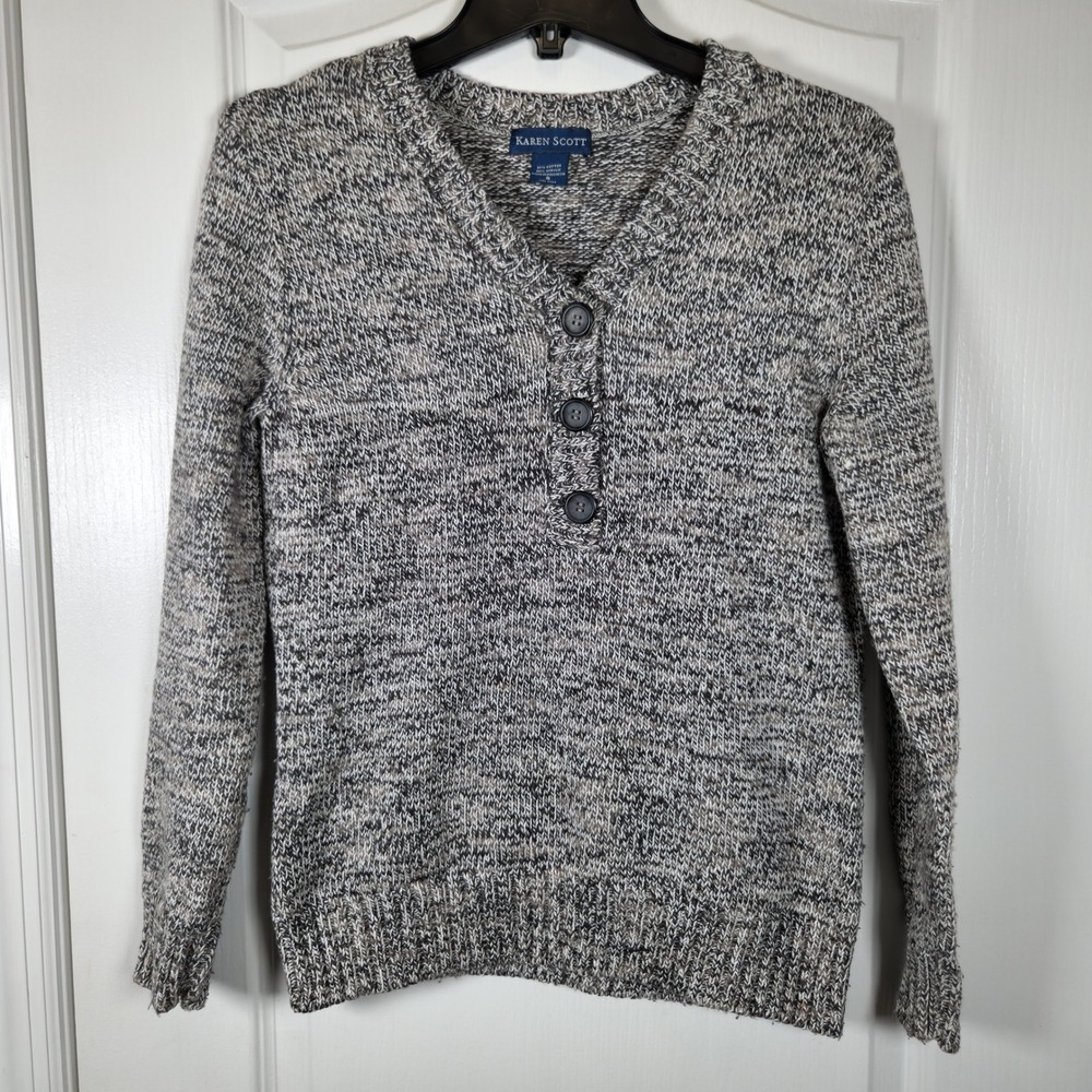 Karen Scott Marled Knit Pullover Sweater 1/4 V Neck Button Accent Gray/Small